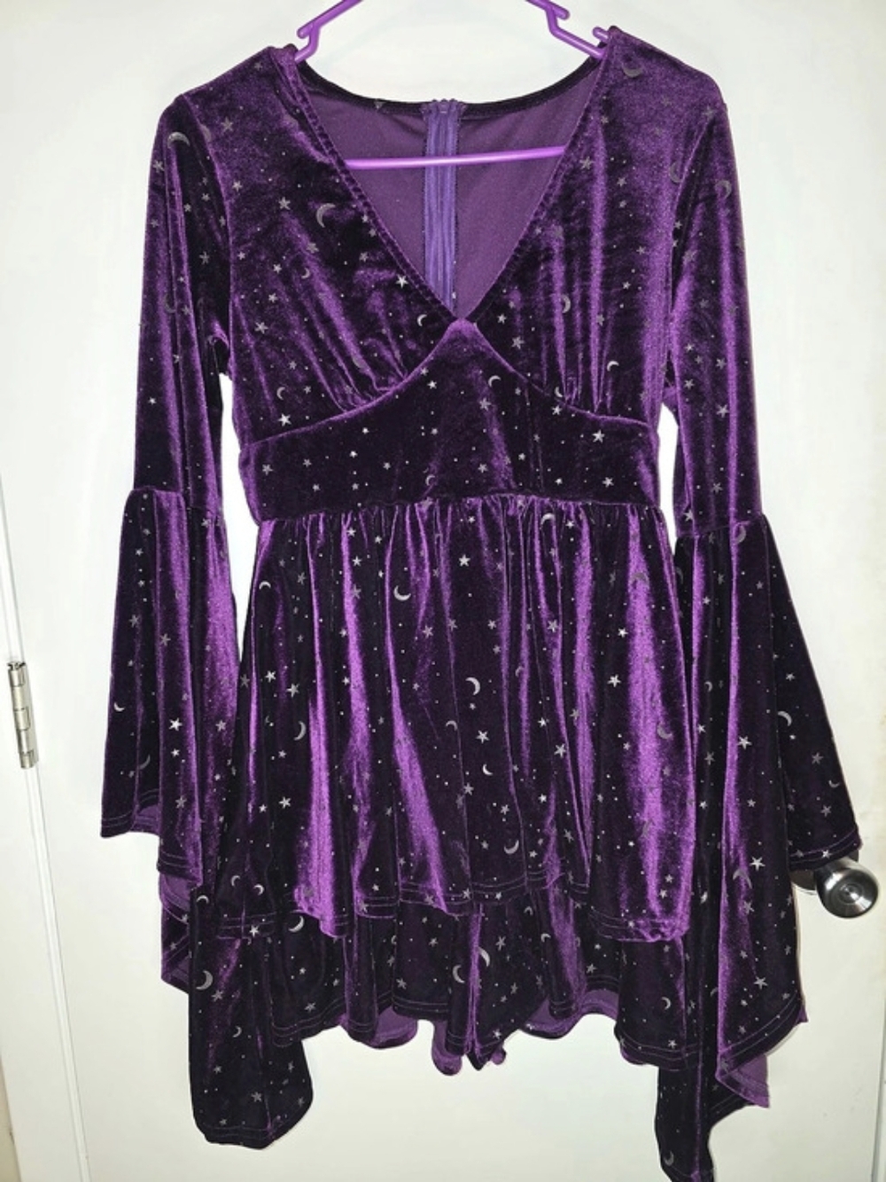 Cider Celestial Purple Velvet Star Moon Bell Sleeve Romper Size M